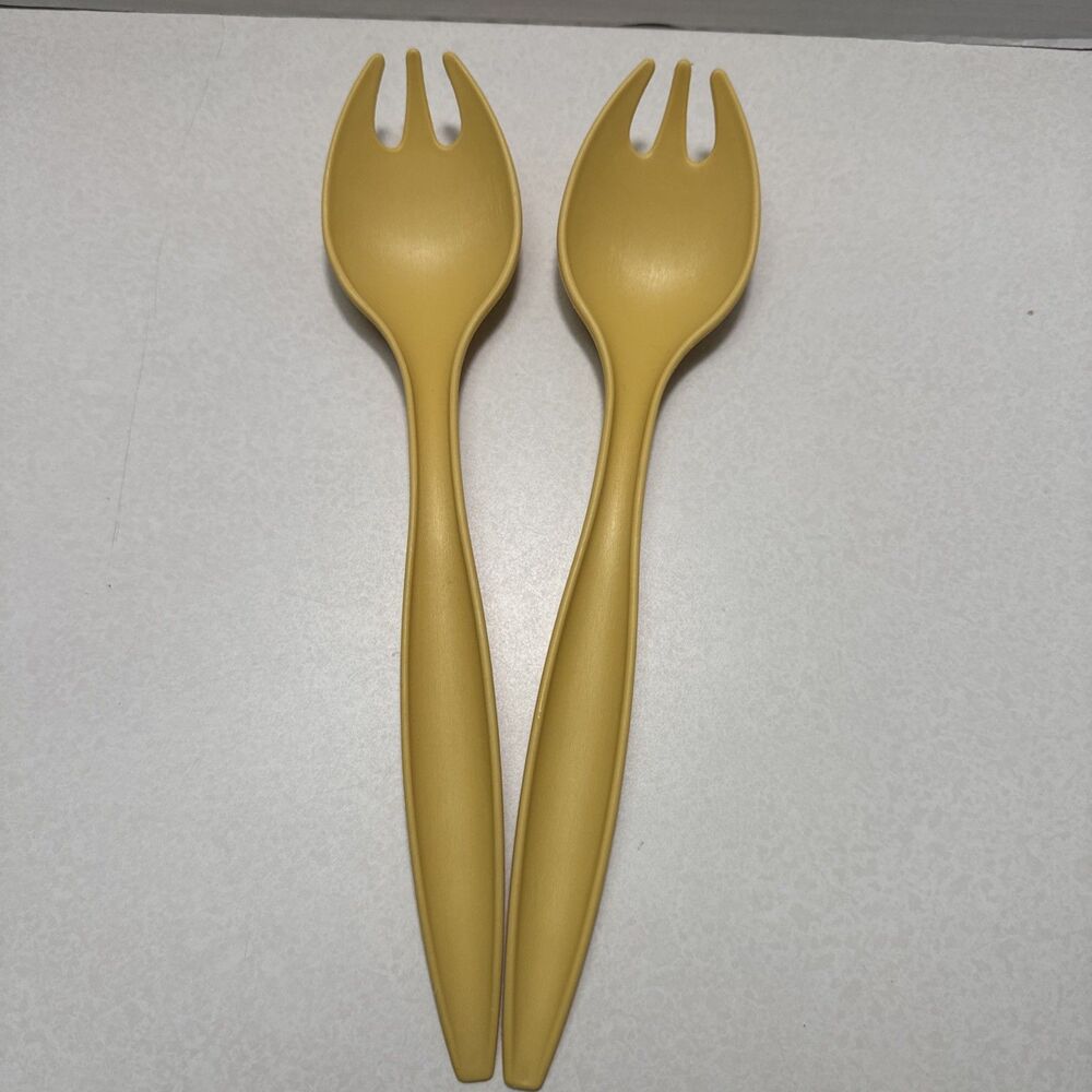 Vintage Tupperware 12" Salad Forks Tongs Harvest Gold Set of 2 Yellow